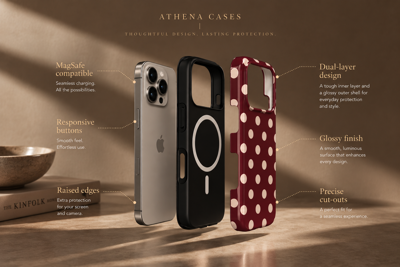 Athena Cases MagSafe case features including dual-layer design, glossy finish, responsive buttons, raised edges and precise cut-outs