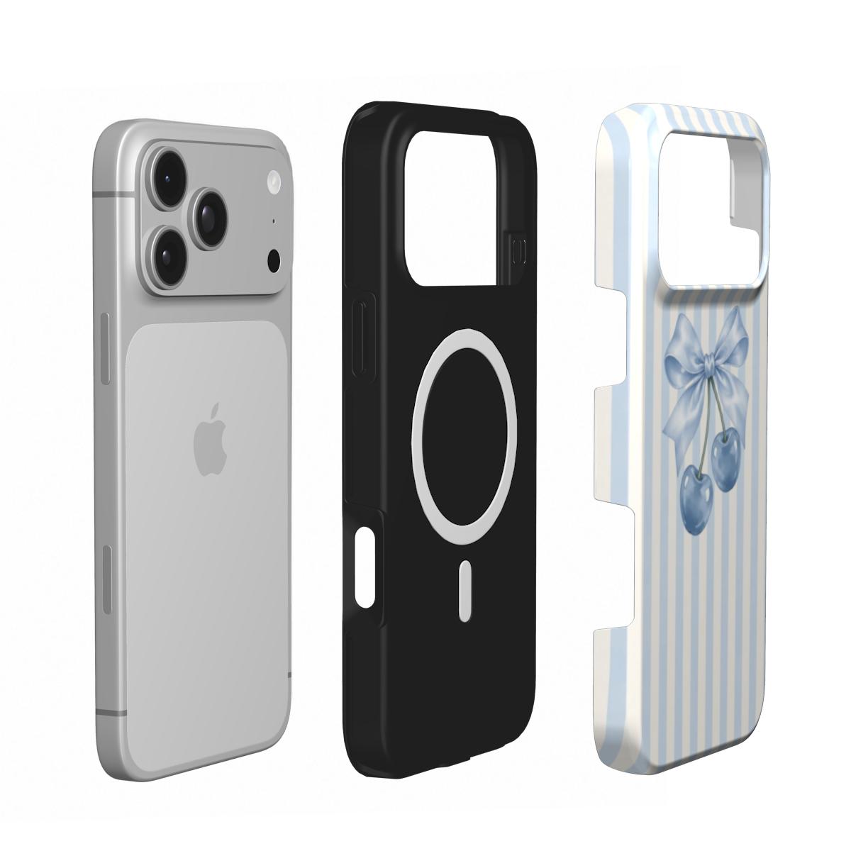 Sweet on You | Powder Blue Striped Cherry Bow MagSafe iPhone Case
