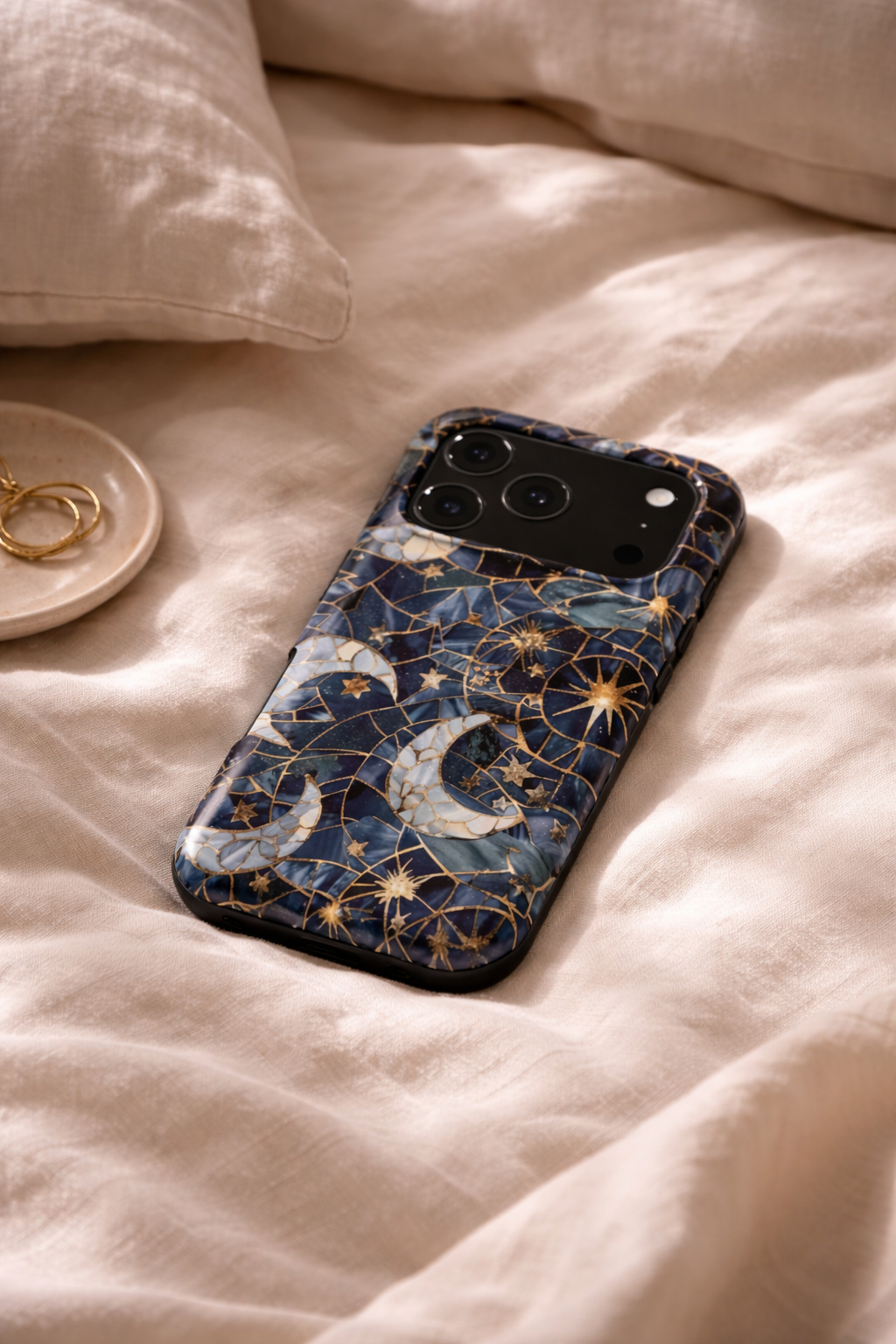 Celestial Mosaic | Blue & Gold Moon iPhone & Samsung Case