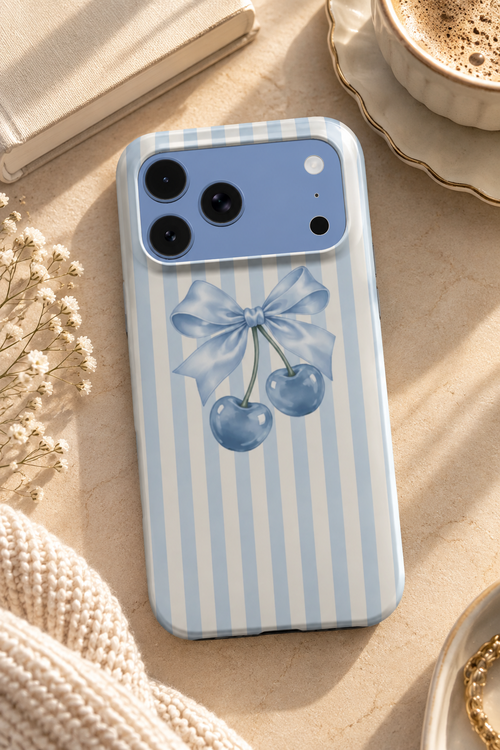 Sweet on You | Powder Blue Striped Cherry Bow MagSafe iPhone Case