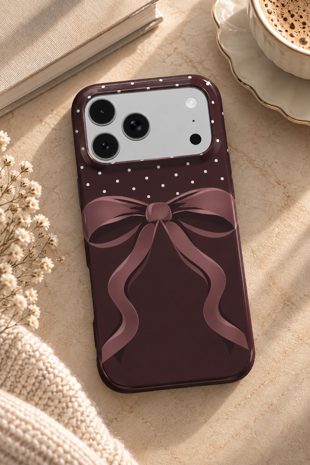 Pretty Please | Burgundy Bow Polka Dot MagSafe iPhone Case