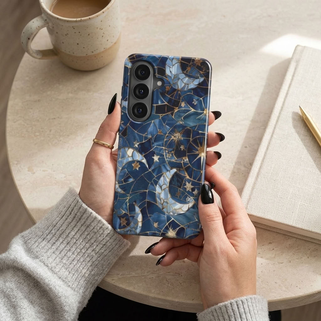 Celestial Mosaic | Blue Moon & Stars Magnetic Samsung Galaxy Case