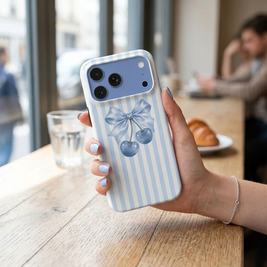 Sweet on You | Powder Blue Striped Cherry Bow MagSafe iPhone Case