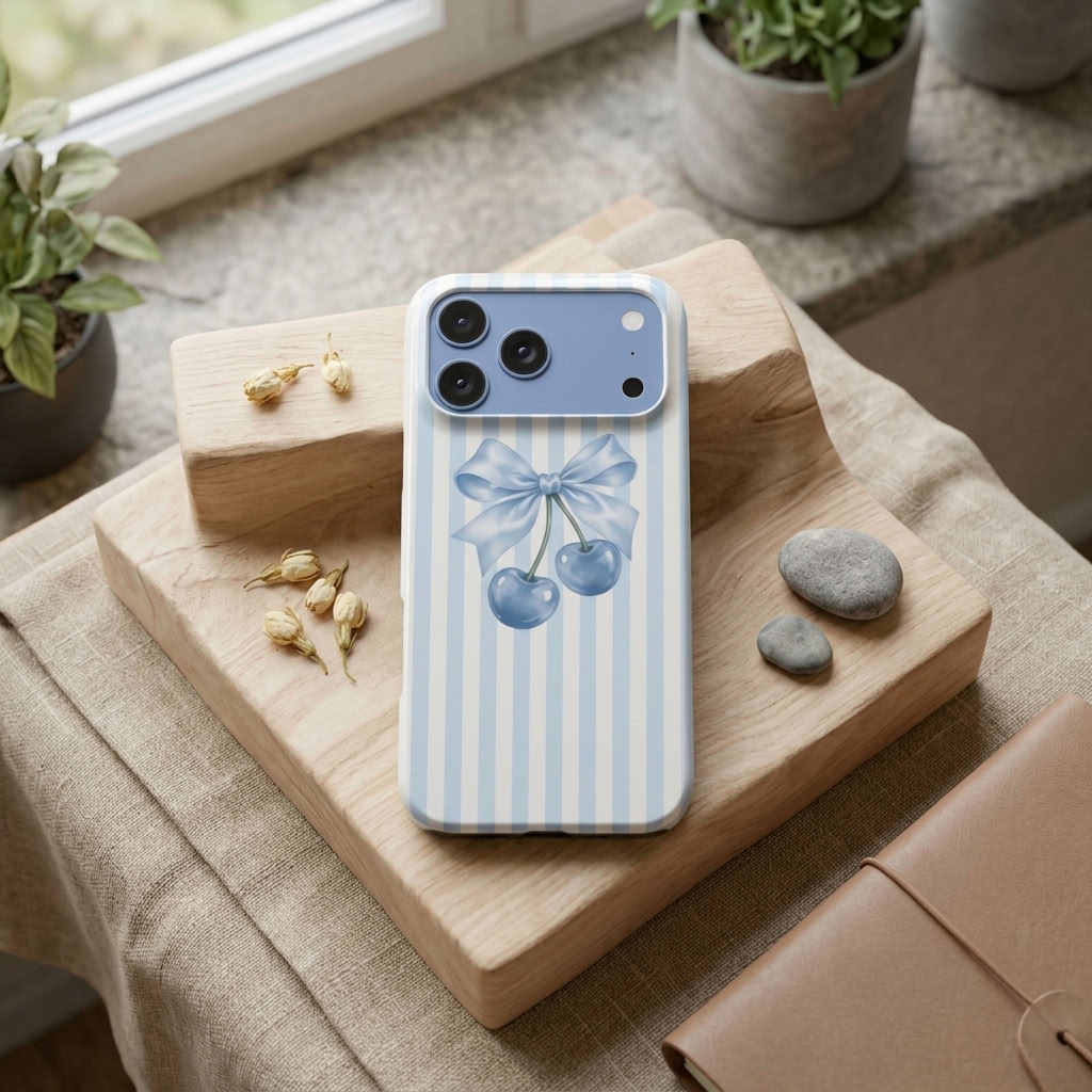 Sweet on You | Powder Blue Striped Cherry Bow MagSafe iPhone Case