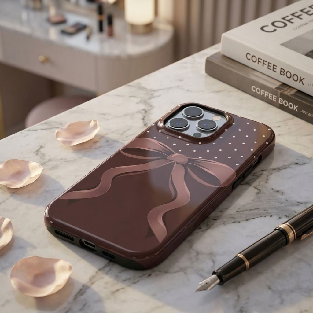 Pretty Please | Burgundy Bow Polka Dot MagSafe iPhone Case