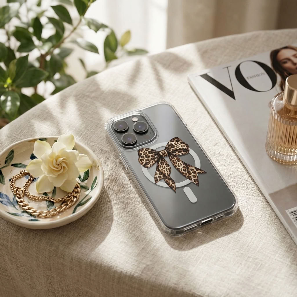 Sweet & Wild | Leopard Bow MagSafe Clear iPhone Case