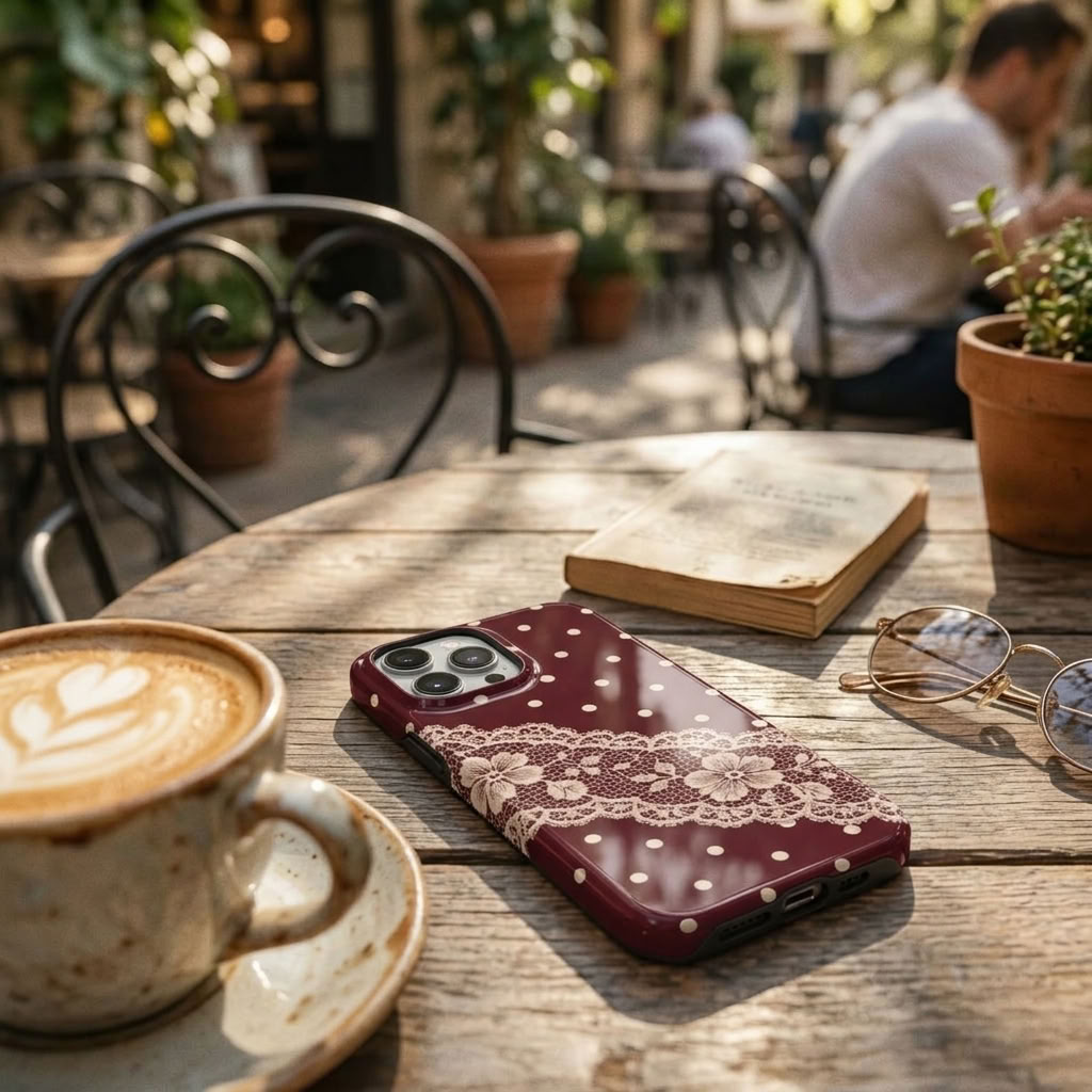 Polka & Lace | Burgundy Polka Dot & Lace MagSafe iPhone Case