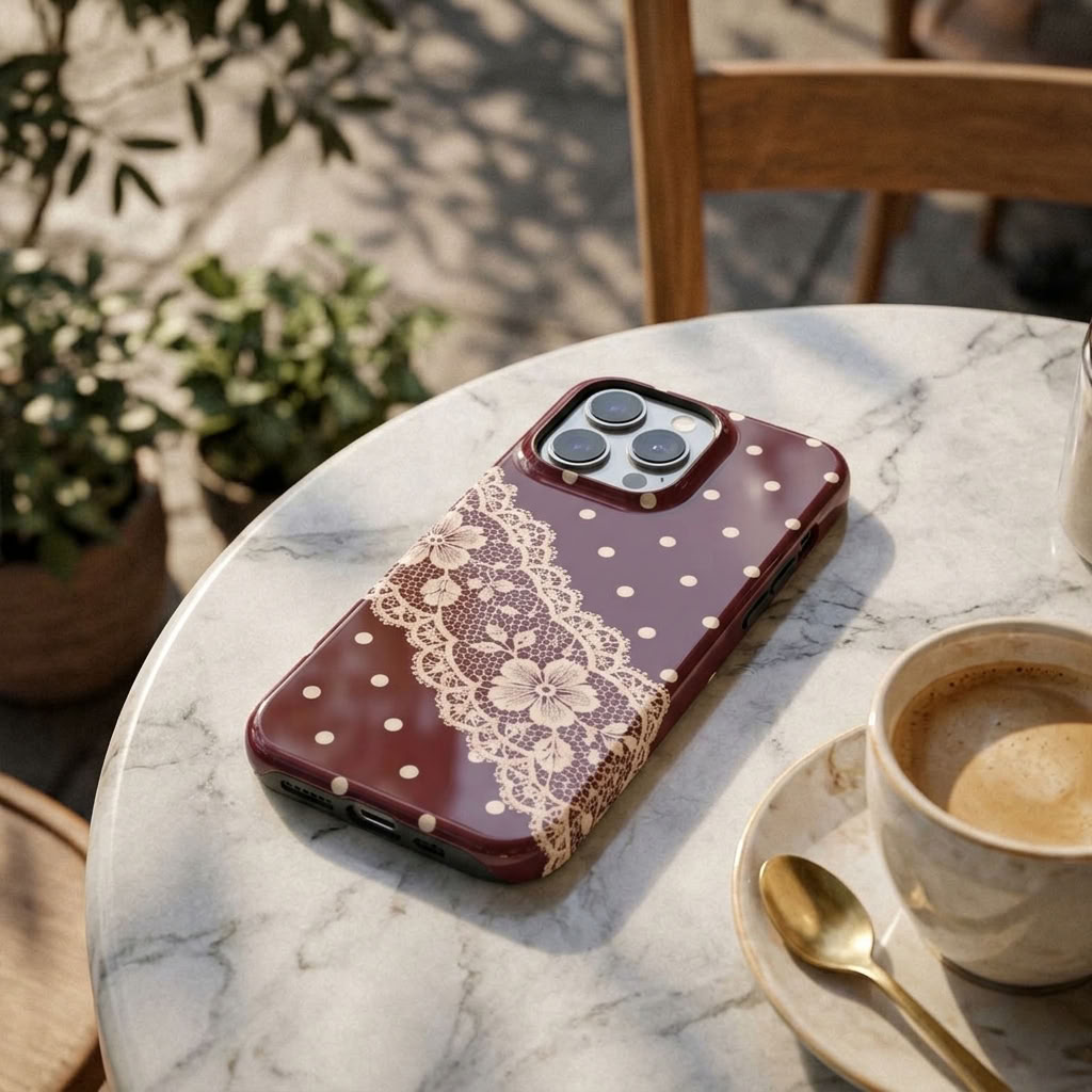 Polka & Lace | Burgundy Polka Dot & Lace MagSafe iPhone Case