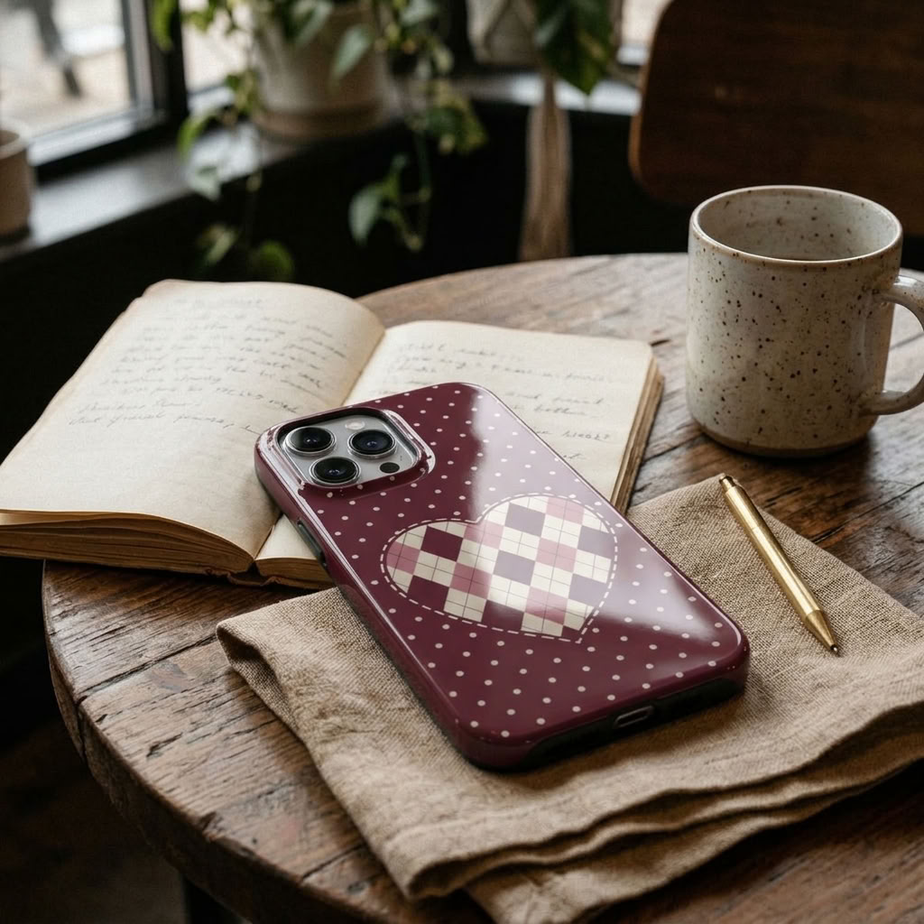 Heart Patch | Burgundy Polka Dot Argyle MagSafe iPhone Case