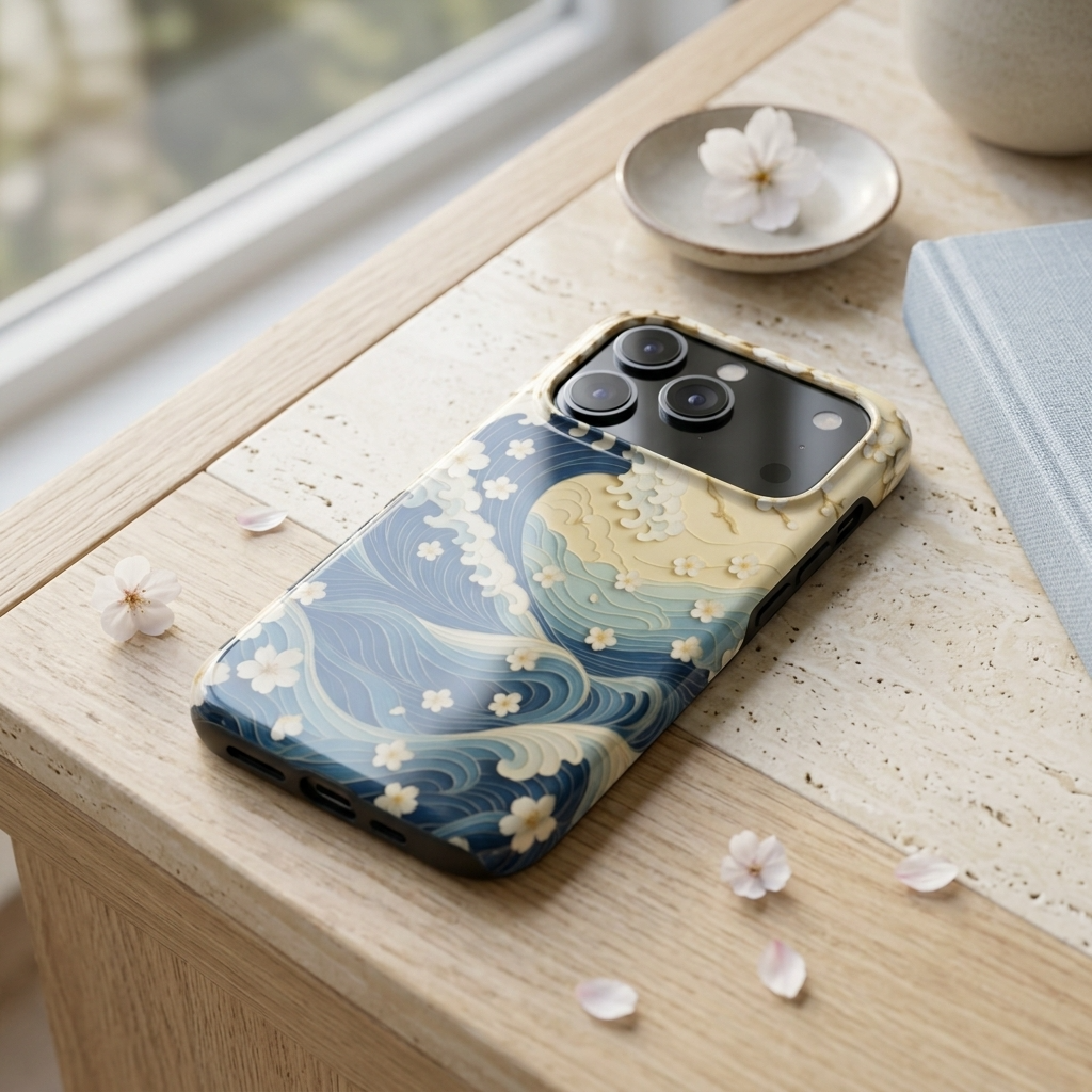 Wave Whisper | Japanische Ozeanwellen & Blumen MagSafe iPhone Hülle