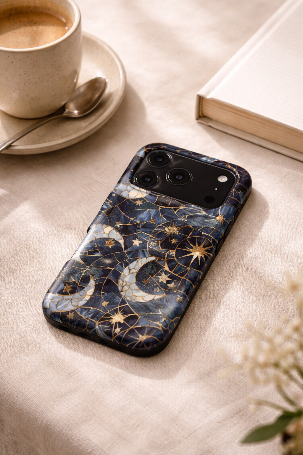 Celestial Mosaic | Blue & Gold Moon iPhone & Samsung Case