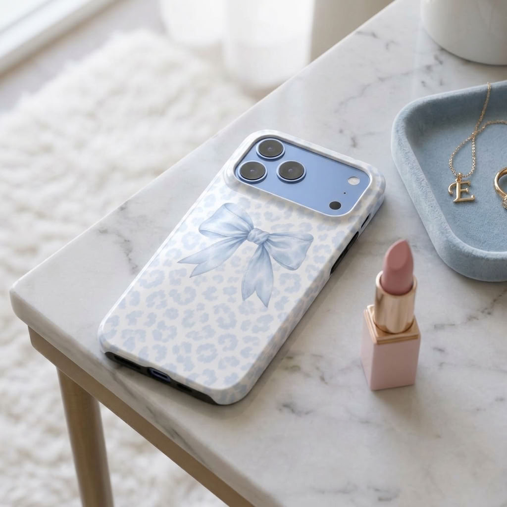 Sunday Ribbon | Powder Blue Leopard Bow MagSafe iPhone Case