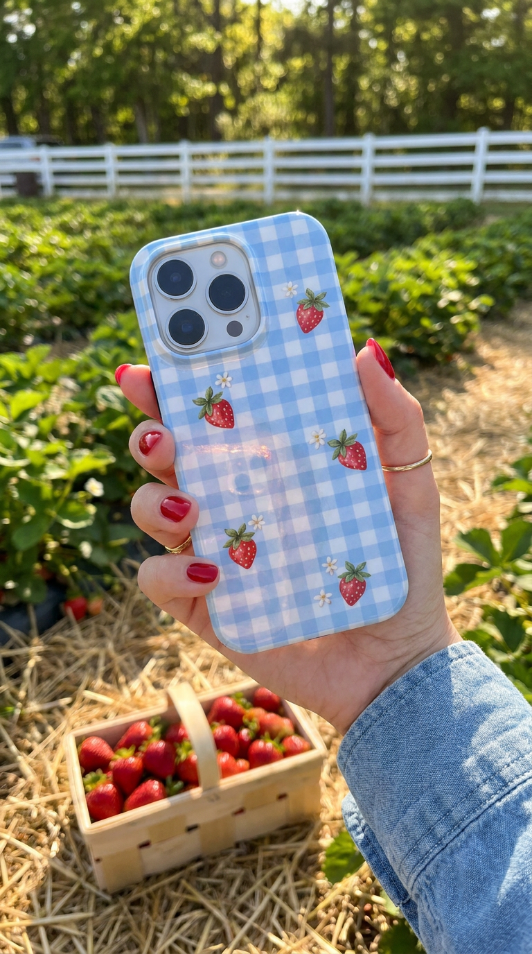 Berry Check | Blue Gingham Strawberry MagSafe iPhone Case